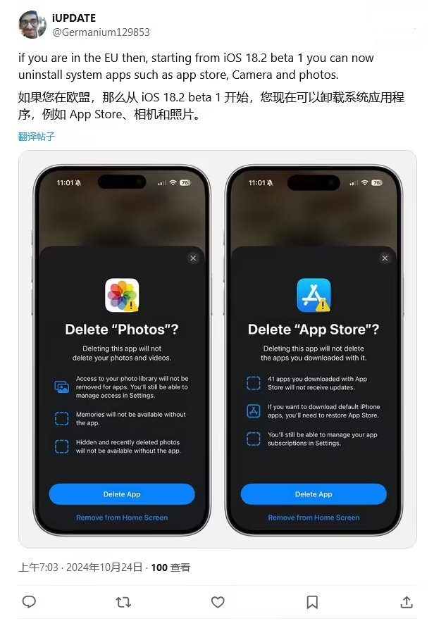 延平苹果手机维修分享iOS 18.2 支持删除 App Store 应用商店 